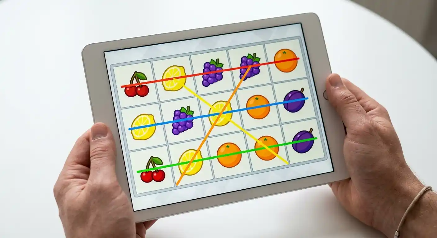 Tablet mit 5-Walzen-Spielfeld und farbigen Gewinnlinien-Mustern eingezeichnet