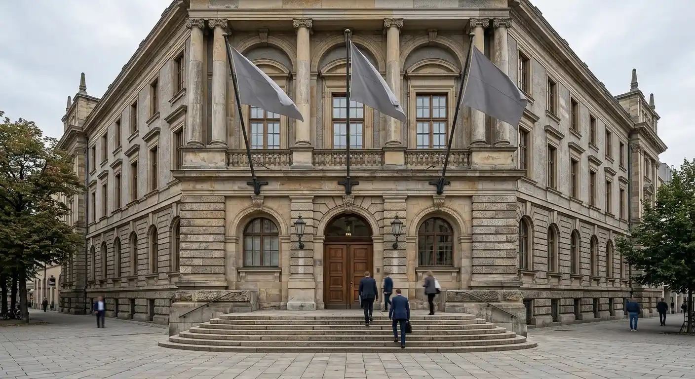 Fassade eines Verwaltungsgebäudes in Wien mit österreichischen Fahnen und neutralem Eingangsbereich