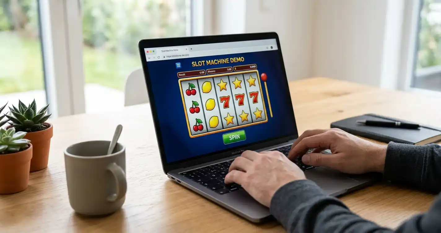 Person testet Spielautomaten im Browser ohne Anmeldung auf einem Laptop