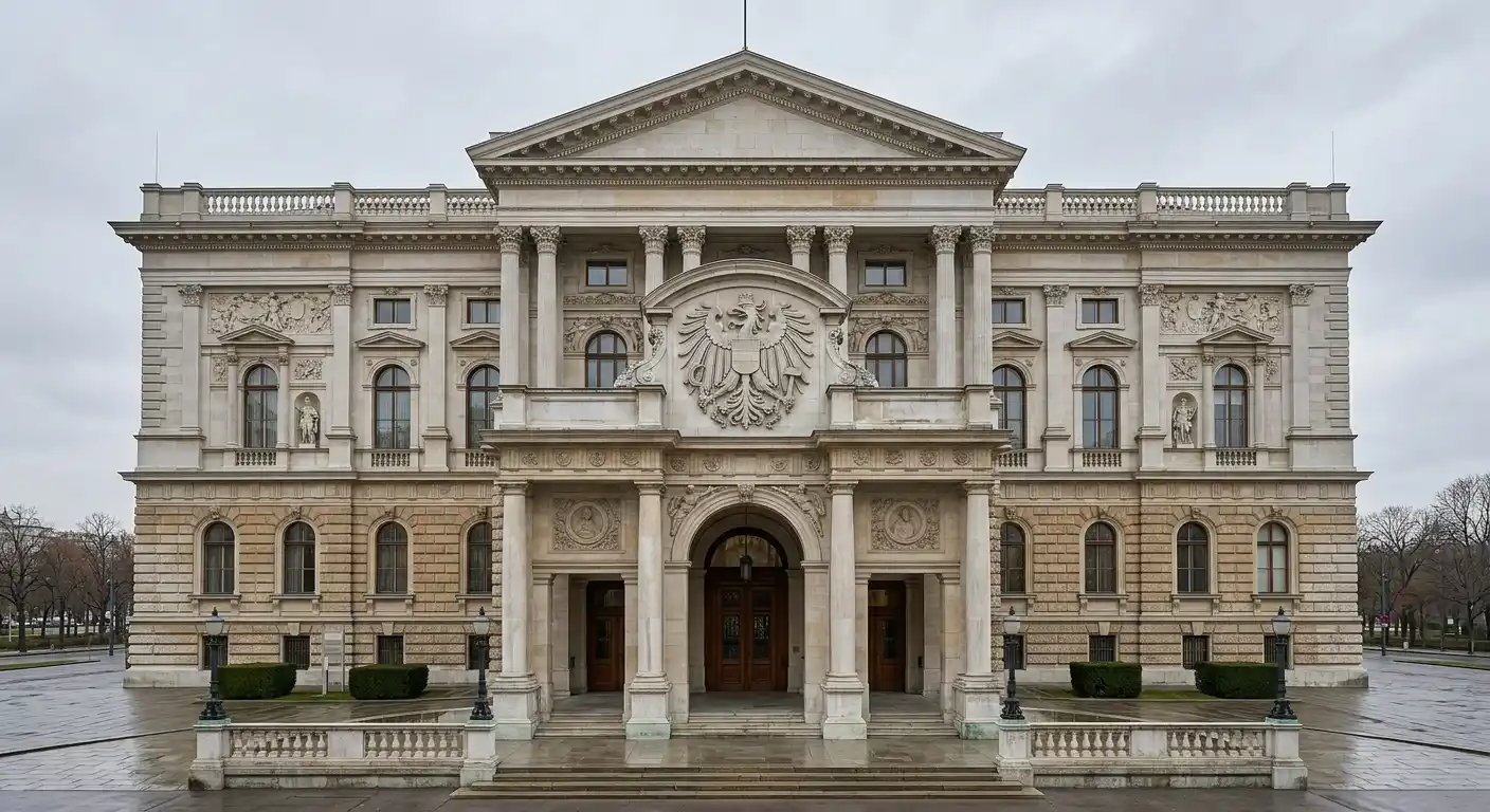 Gebäude mit klassischer Fassade und österreichischem Bundesadler ohne erkennbare Beschriftung, ruhiges Licht