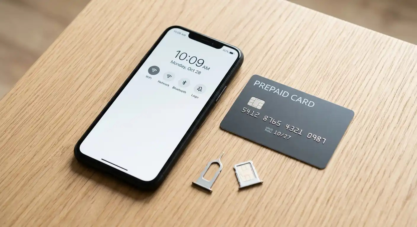 Smartphone neben einer Prepaid-Karte auf einem hellen Holztisch, neutrale Mobilfunk-Symbole sichtbar