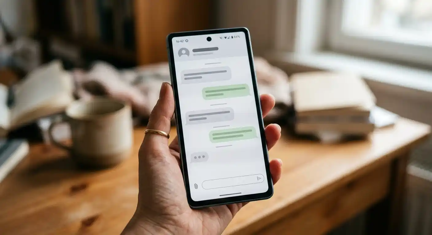 Smartphone-Bildschirm mit neutraler SMS-Bestätigung für eine Mobilfunkzahlung, kein Betrag erkennbar