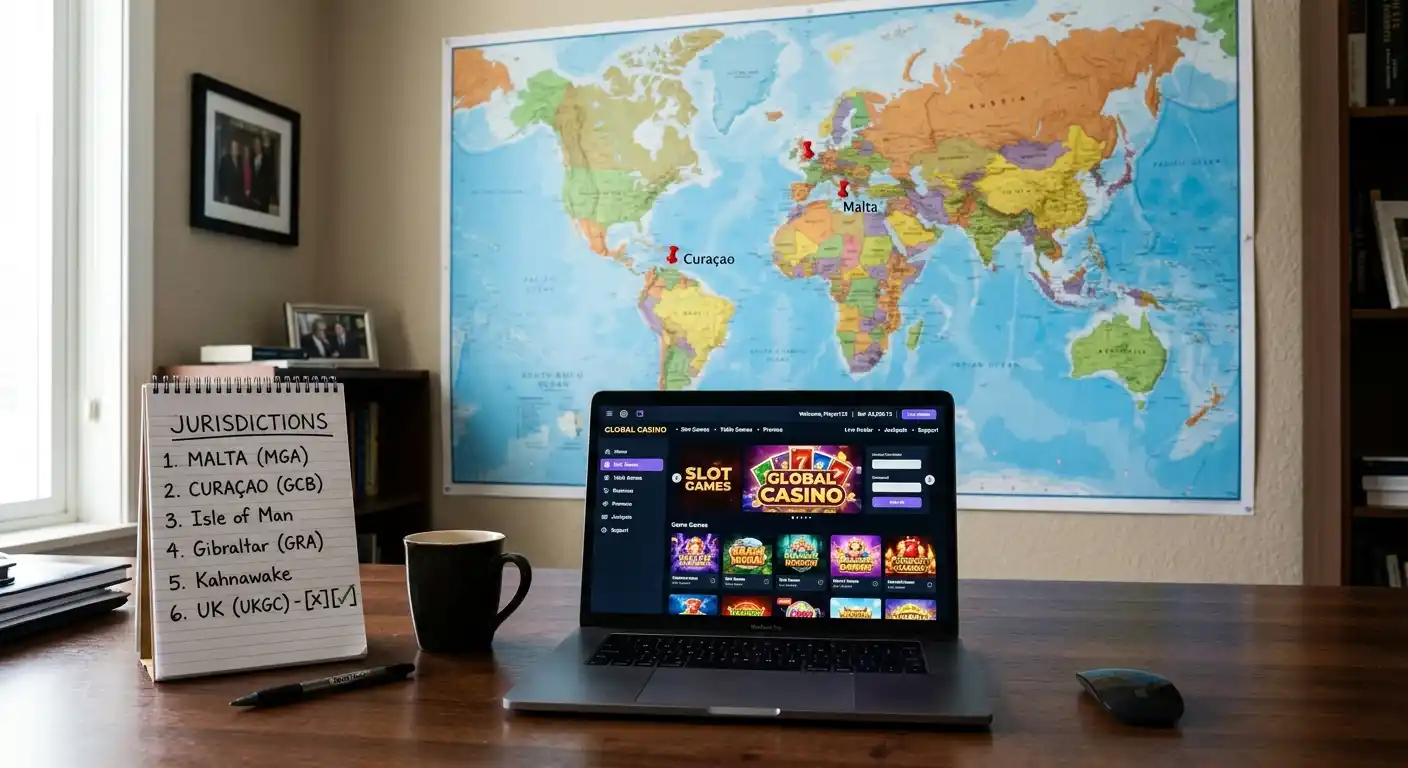 Weltkarte mit Malta und Curacao markiert, Laptop mit Casino-Website
