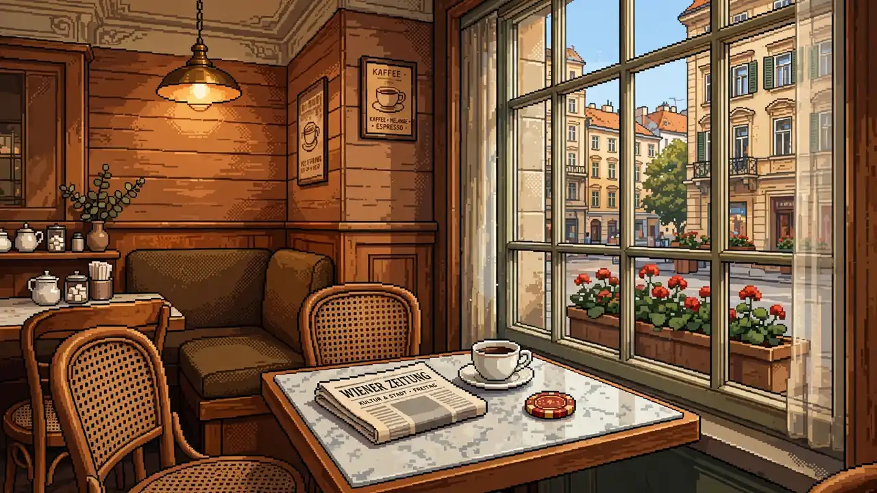 Wiener Kaffeehaus-Tisch mit Casino-Jeton und Kaffeetasse