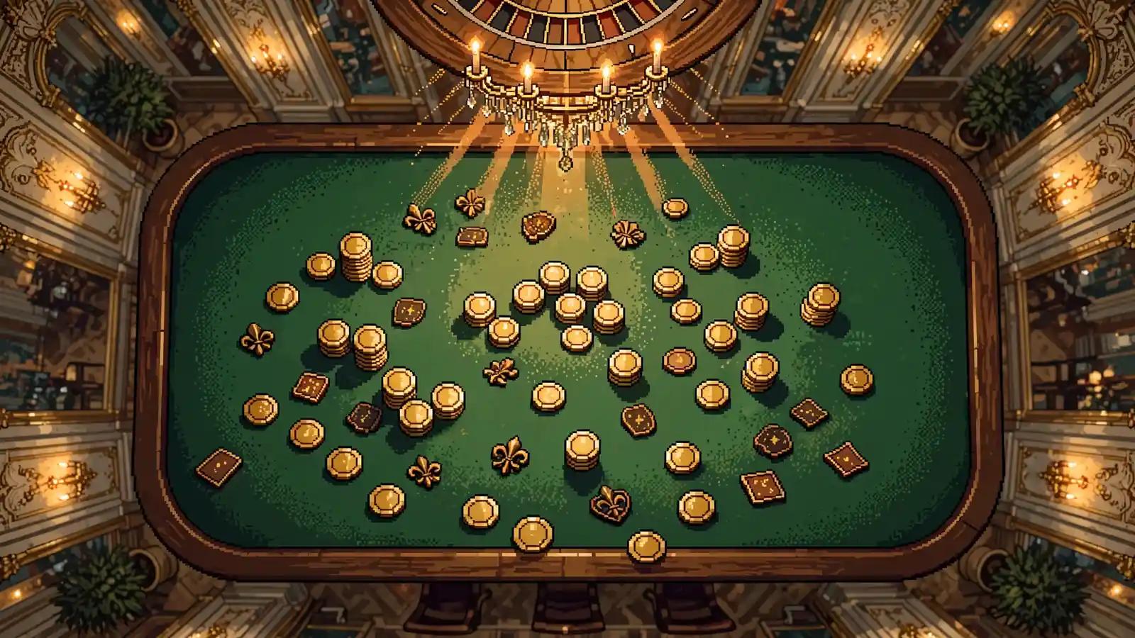 Beleuchteter Spieltisch mit goldenen Chips und Roulette-Rad im Wiener Casino-Interieur