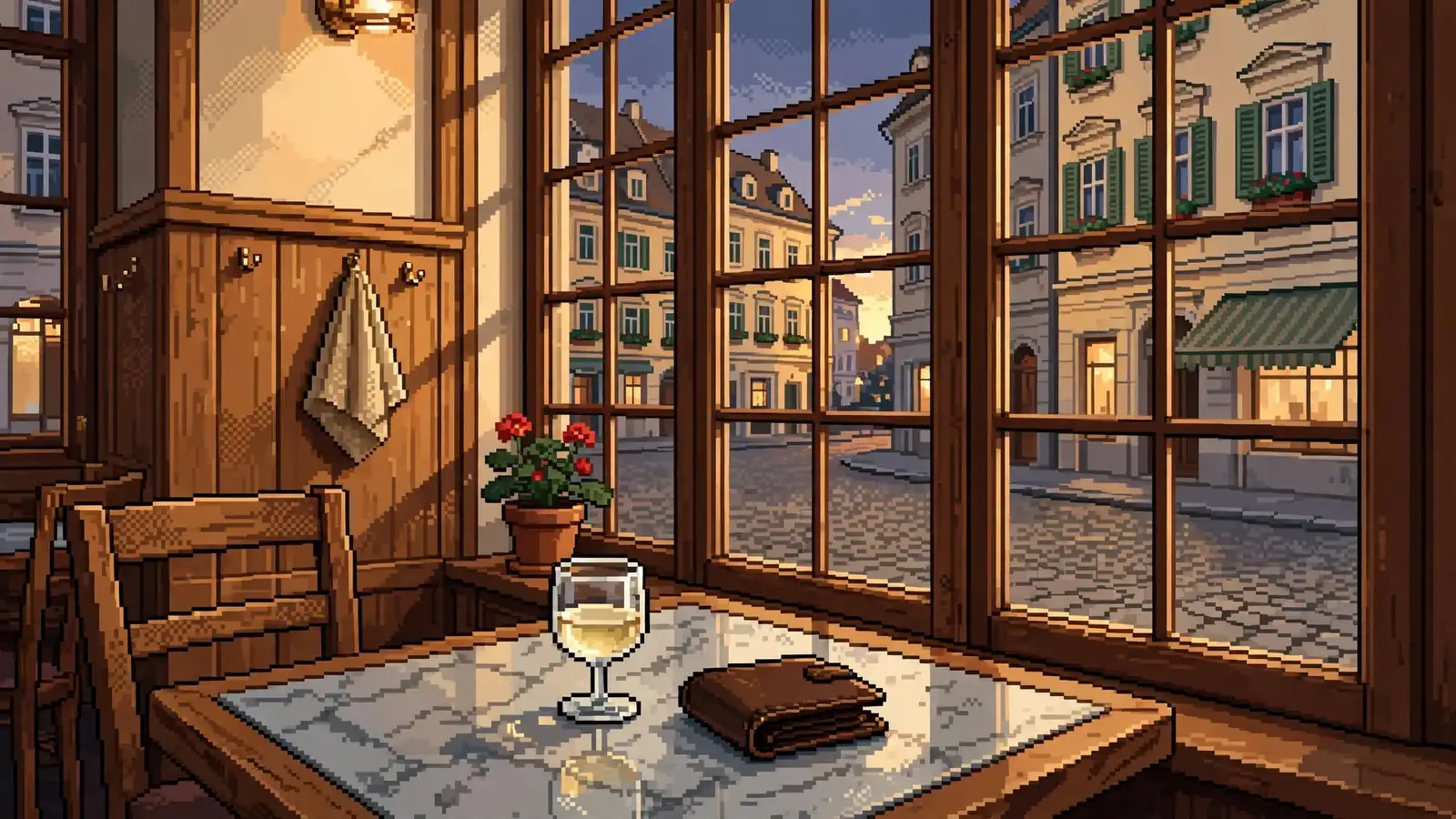 Glühwein-Glas und Geldbörse in einem Wiener Kaffeehaus bei Abendlicht.