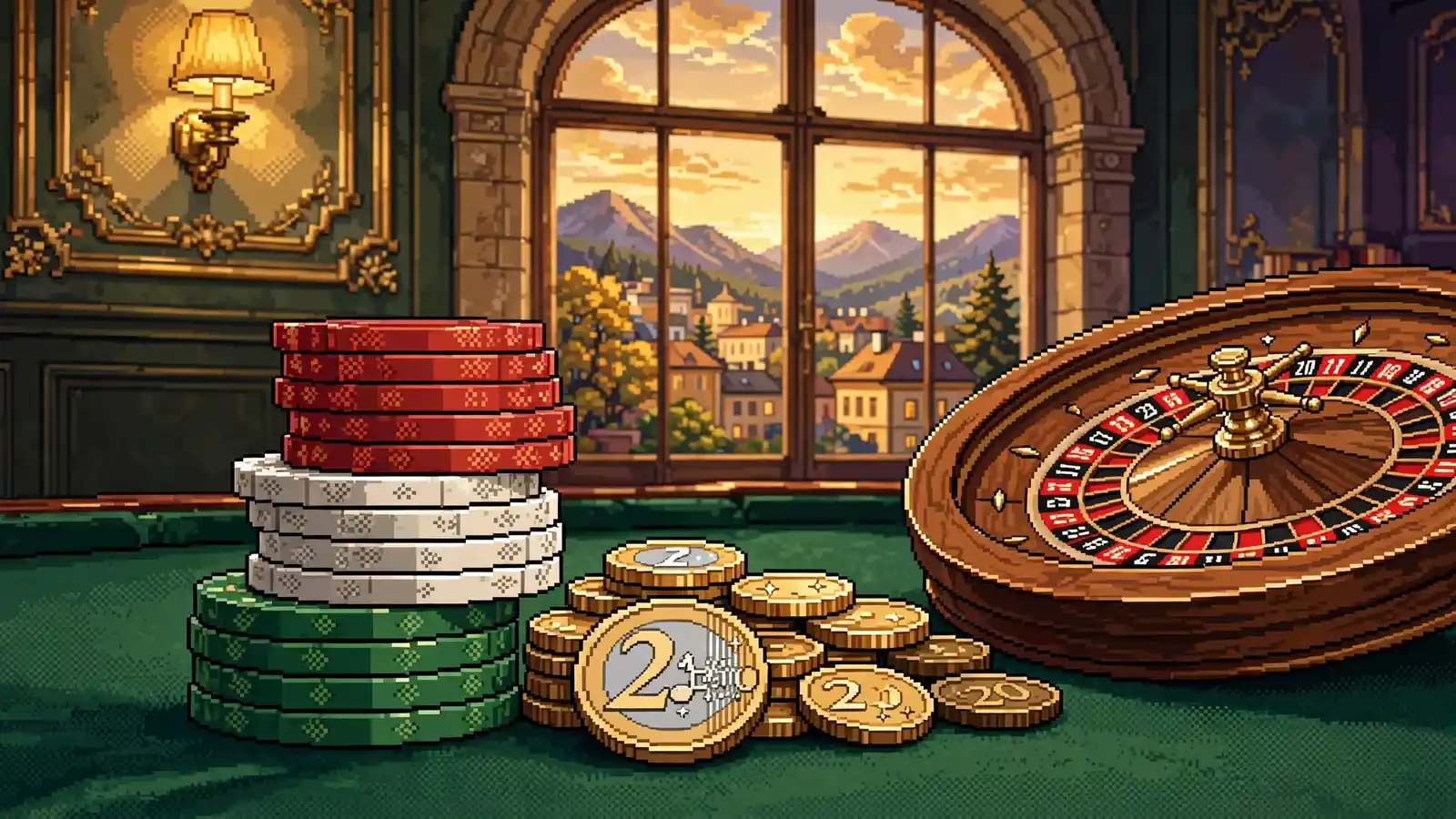 Gestapelte Casino-Chips und Euro-Münzen auf grünem Filz neben einem Roulette-Rad in elegantem Wiener Spielsaal