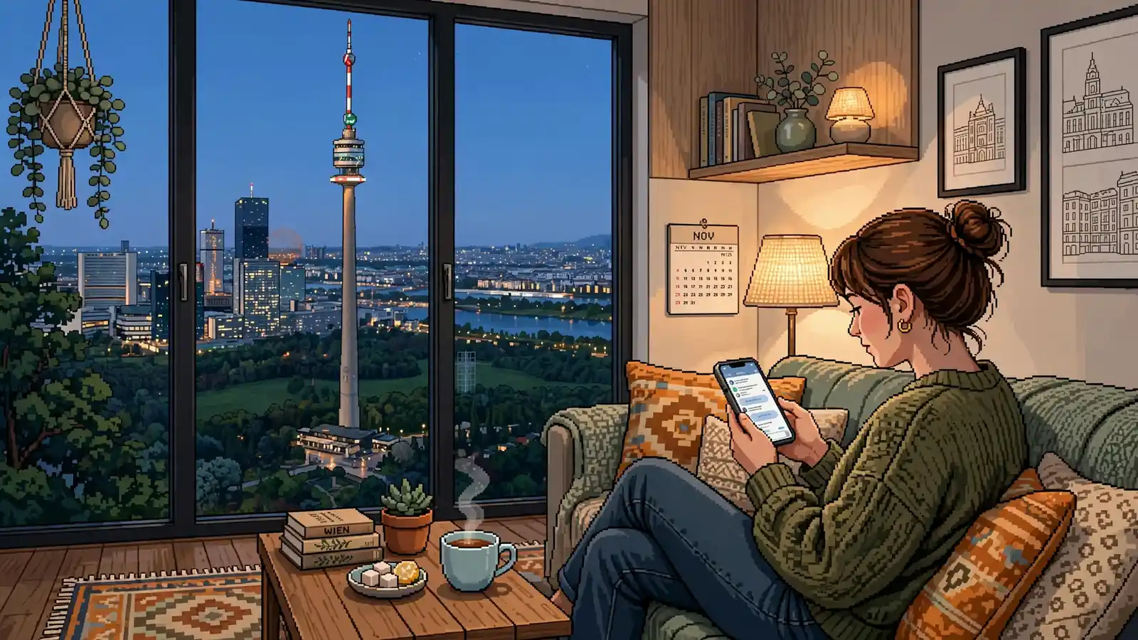 Junge Frau entspannt mit Smartphone in Wiener Wohnzimmer bei Abendlicht.