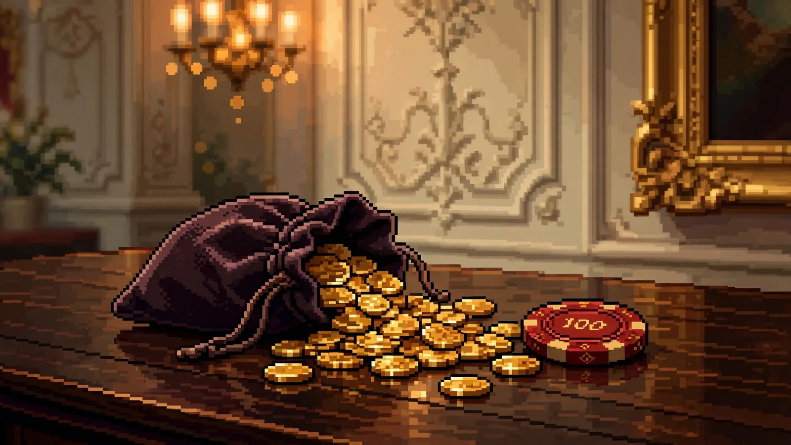 Samtbeutel mit Goldmünzen und Casino-Chip auf Holztisch in Wiener Salon