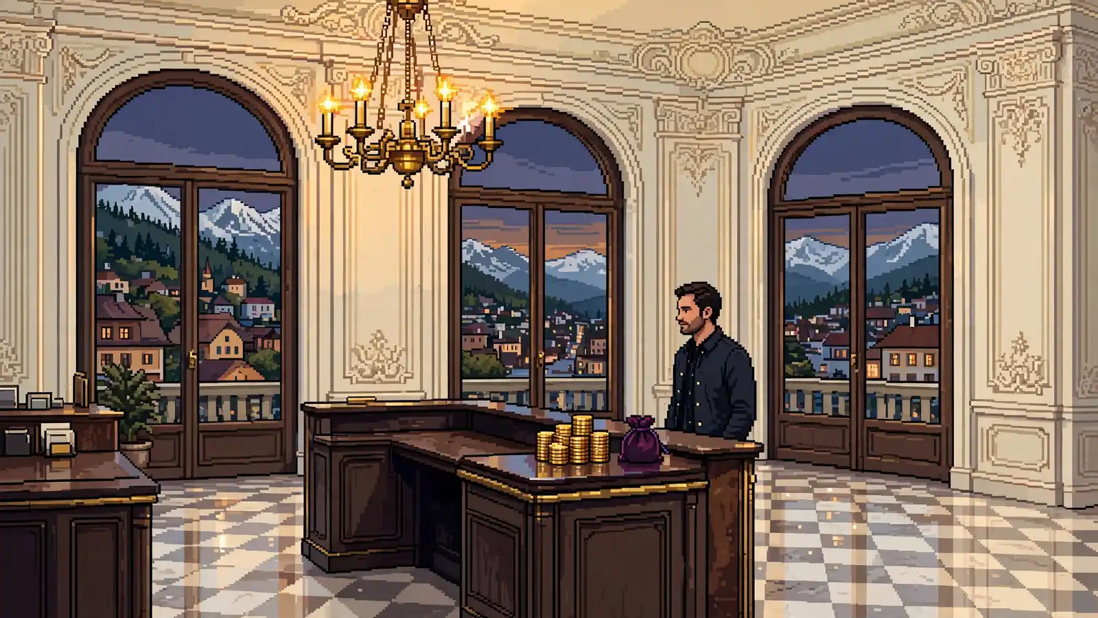 Elegante österreichische Casino-Lobby mit goldenen Spielchips, Kronleuchter und Alpenblick bei Dämmerung.
