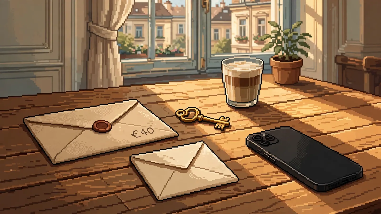 Kuvert mit 40 Euro neben Smartphone und Kaffee in Wiener Wohnung