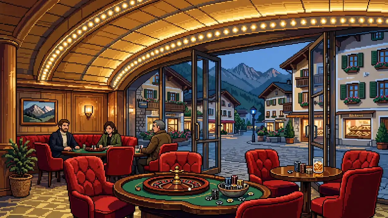 Stilvolles Casino mit Roulette und Chips, Alpenstadt im Hintergrund