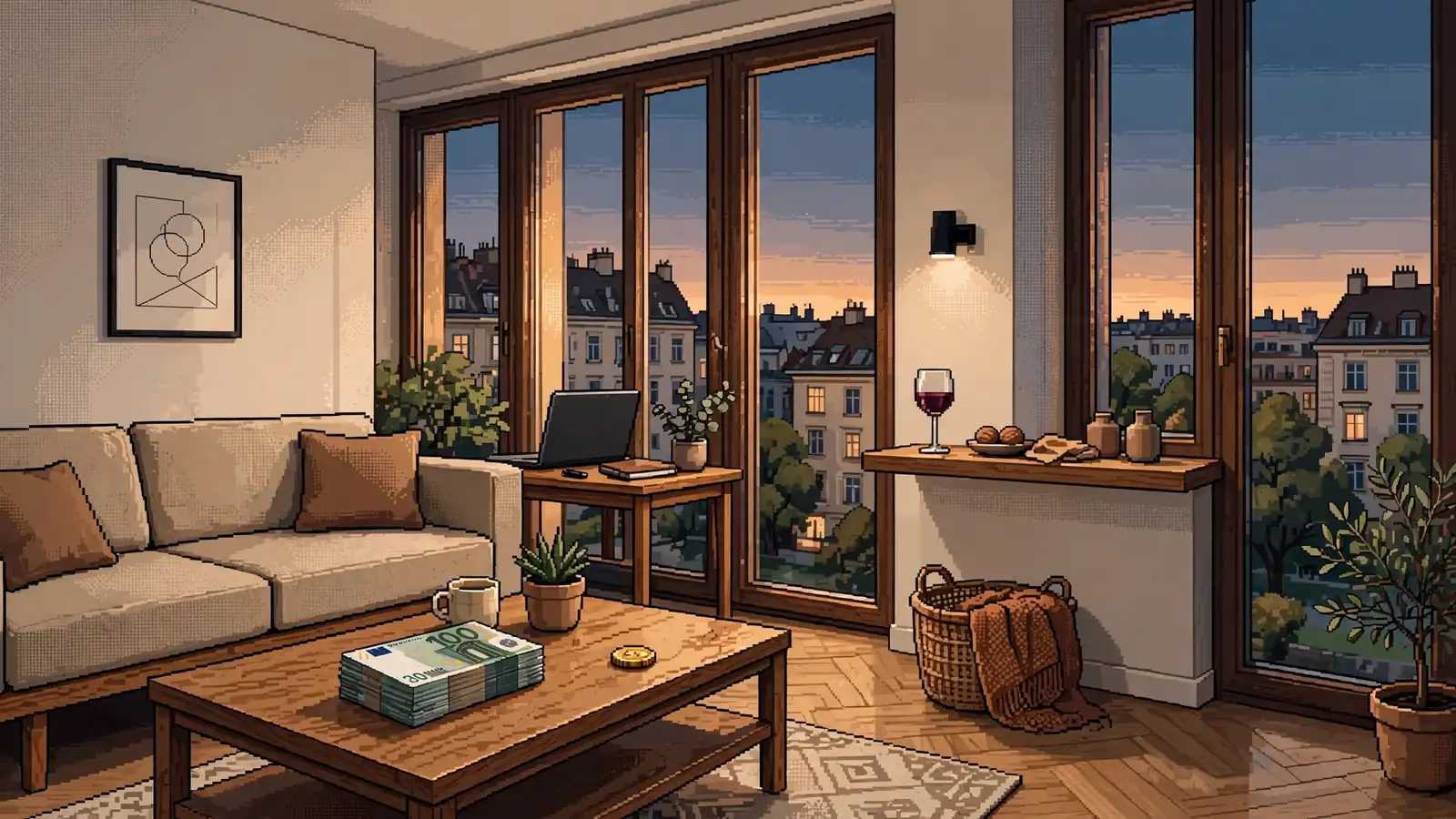 Modernes Wohnzimmer in Wien mit Euro-Banknoten und Goldmünze auf dem Tisch.