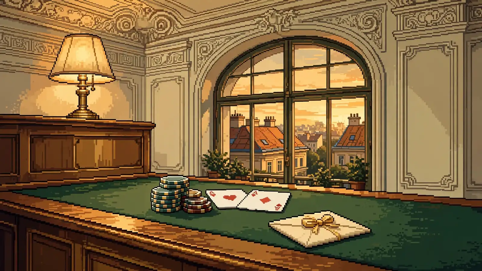 Elegantes Wiener Zimmer mit Spielchips, Spielkarten und Geschenkumschlag auf einem Filttisch