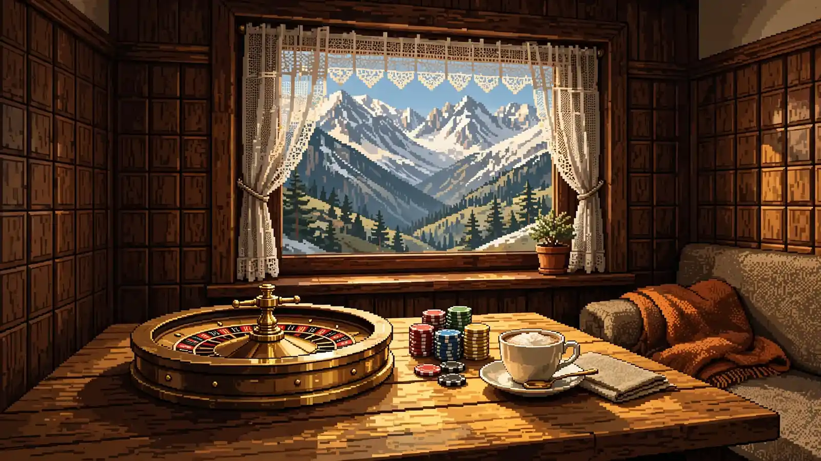 Gemütliche österreichische Alpenstube mit Roulette-Rad und Spielchips auf Holztisch