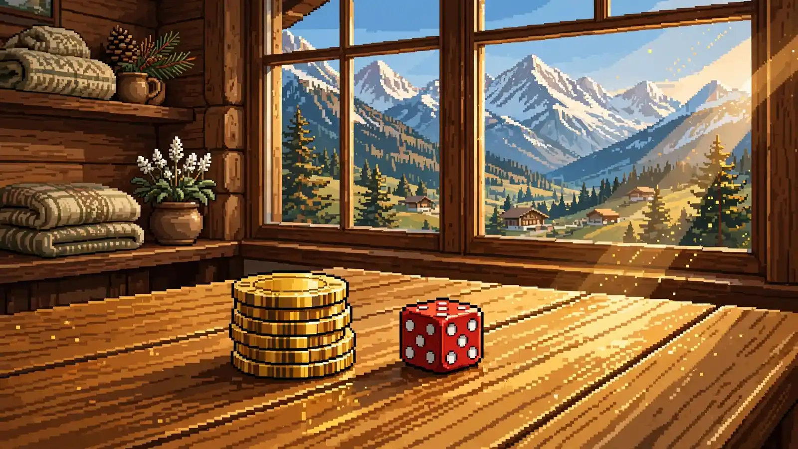 Goldene Casino-Chips und Spielwürfel auf einem Holztisch vor einem Fenster mit Blick auf die österreichischen Alpen