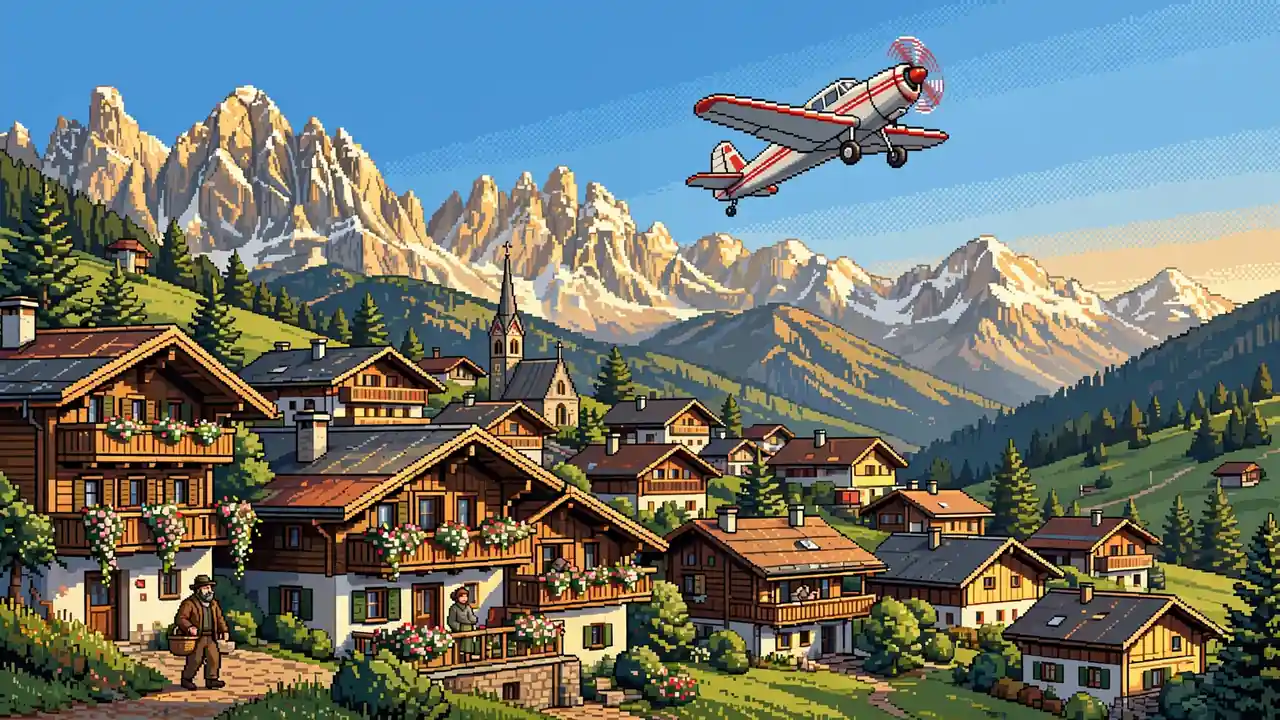 Ein kleines Propellerflugzeug steigt über einem österreichischen Alpendorf mit Holzhäusern und Kirchturm auf