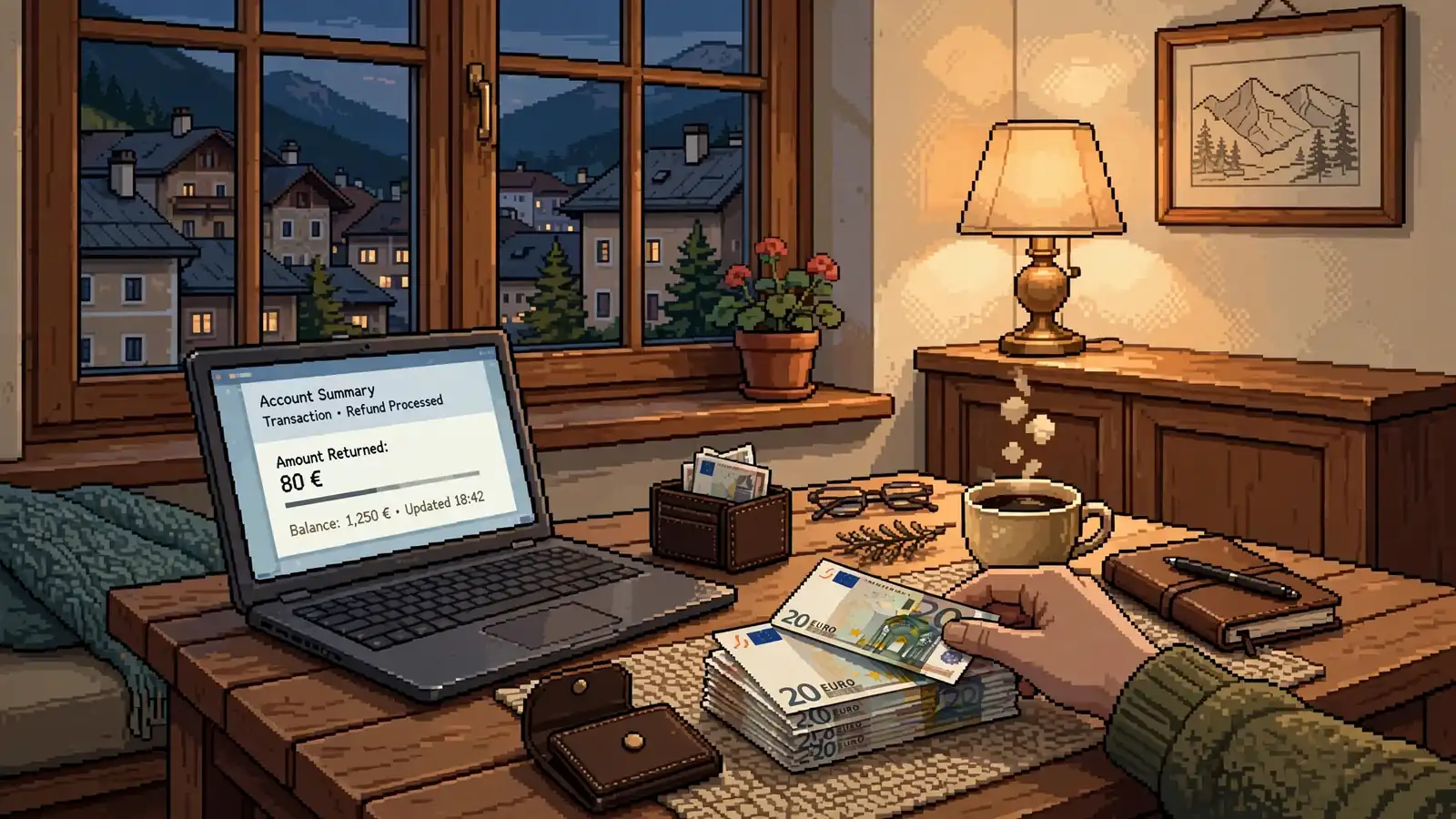 Abendliche Szene in einem österreichischen Wohnzimmer mit zurückerstatteten Euro-Scheinen neben einem Laptop.