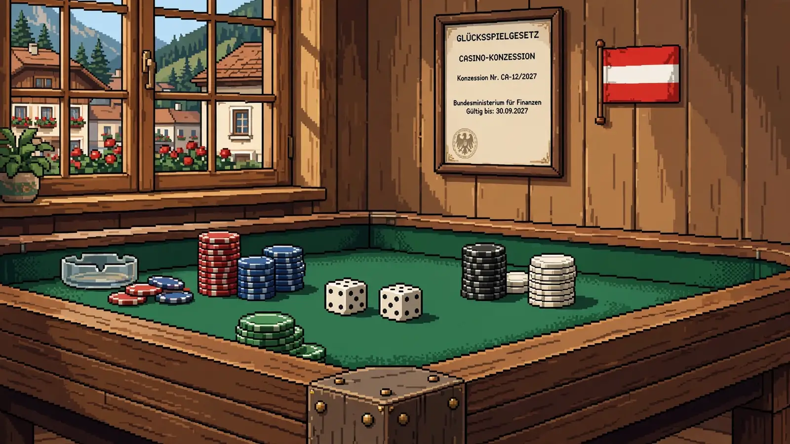 Craps-Tisch mit Chips und Würfeln vor österreichischer Glücksspiellizenz an der Wand.