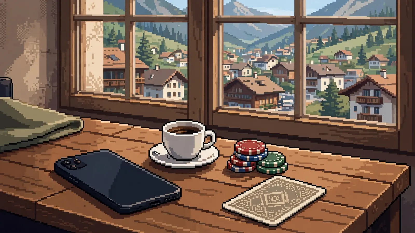 Smartphone mit Casino-Chips auf einem Tisch, österreichischer Alpenort im Hintergrund
