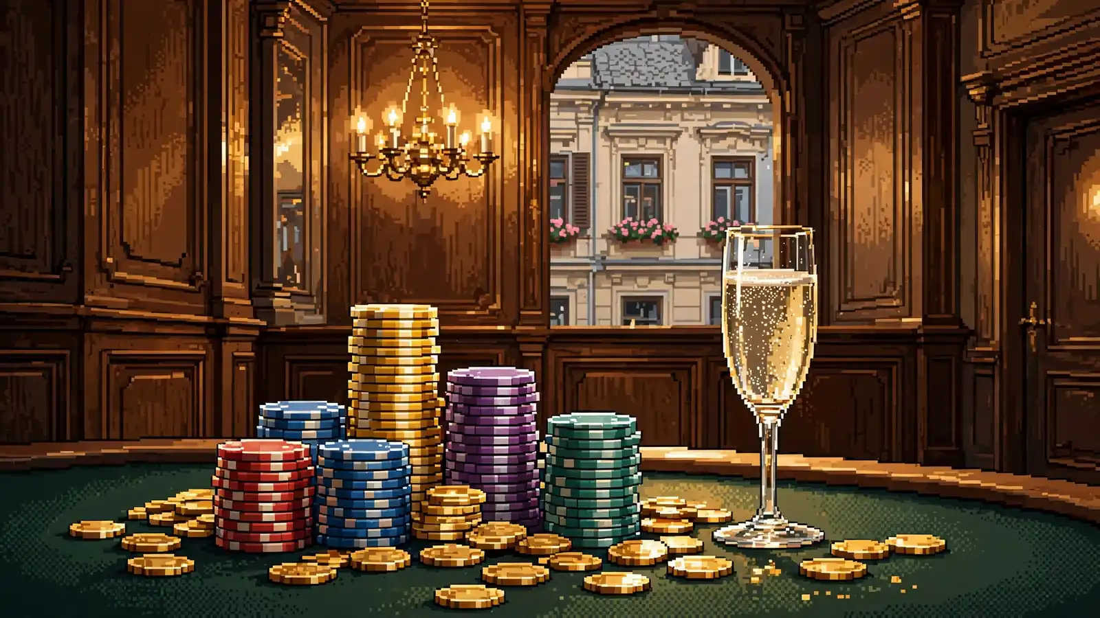 Eleganter österreichischer Casino-Innenraum mit Spielchips, Goldmünzen und Kristallglas auf grünem Filztisch