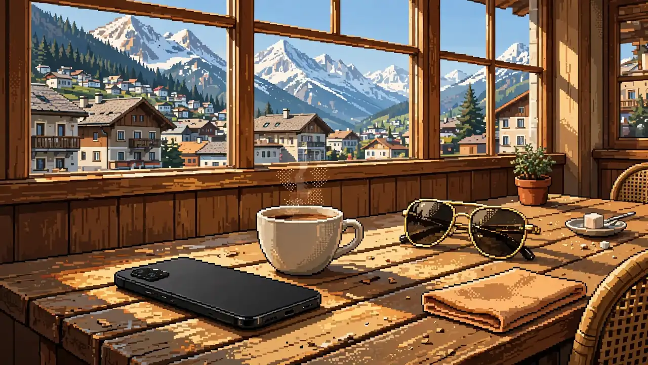 Smartphone auf einem Café-Tisch in einer österreichischen Alpenstadt mit Bergblick
