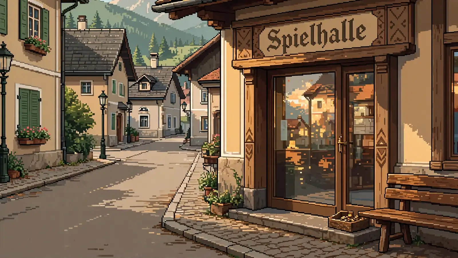 Eingang einer traditionellen Spielhalle in Österreich bei warmem Tageslicht