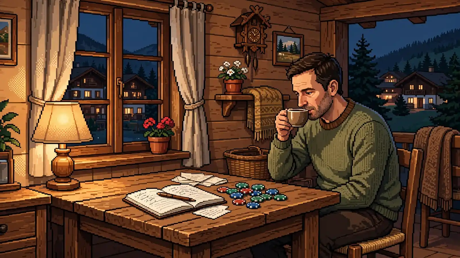 Spieler mit Casino-Chips und Notizbuch in gemütlichem Wohnzimmer bei warmem Licht.