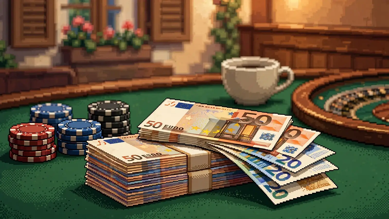 Casino-Chips und Euro-Geldscheine auf einem Filztisch als Symbol für Cashback.