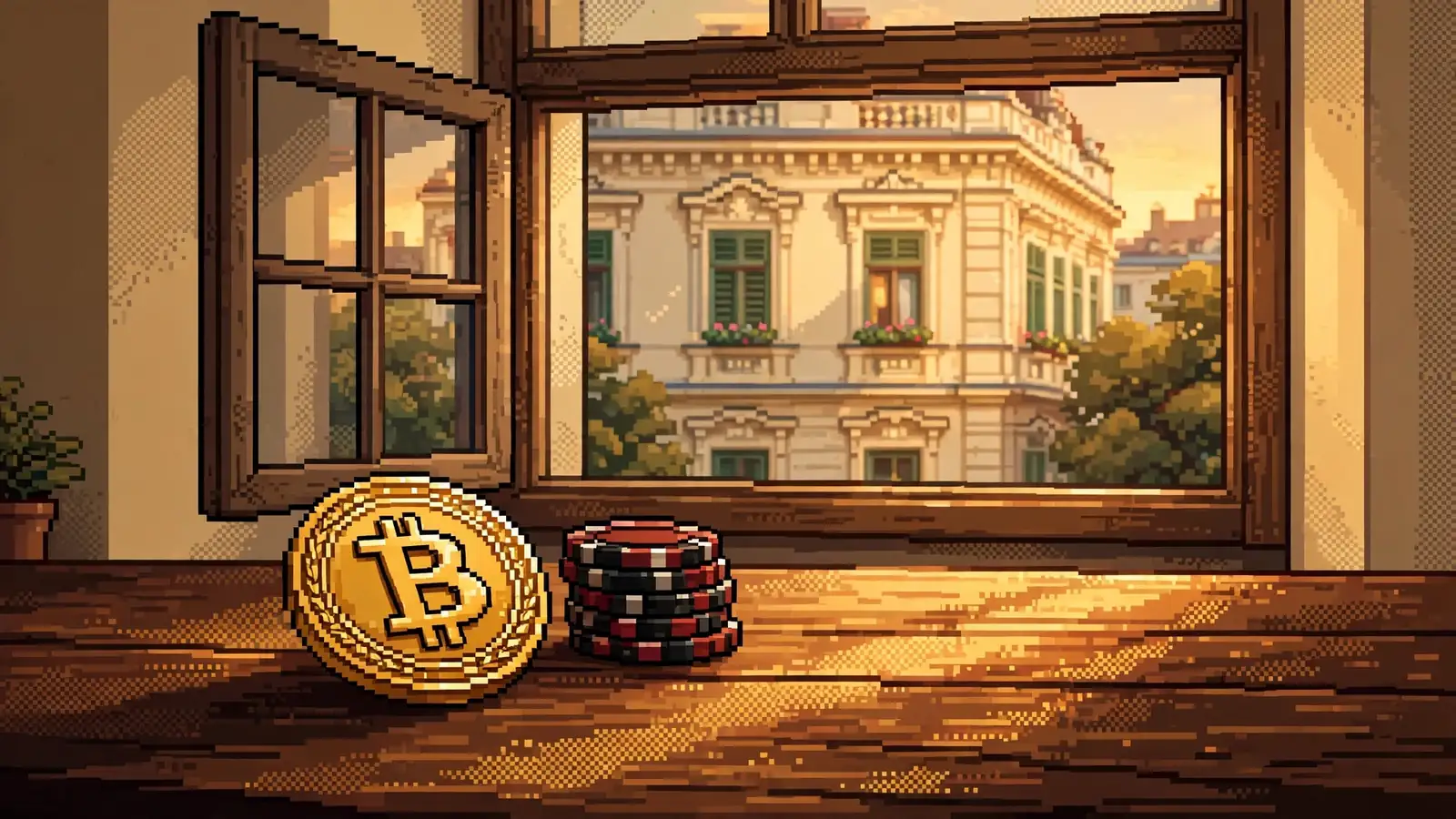 Goldene Bitcoin-Münze neben Casino-Chips auf einem Holztisch, Wiener Altbaufassade im Hintergrund