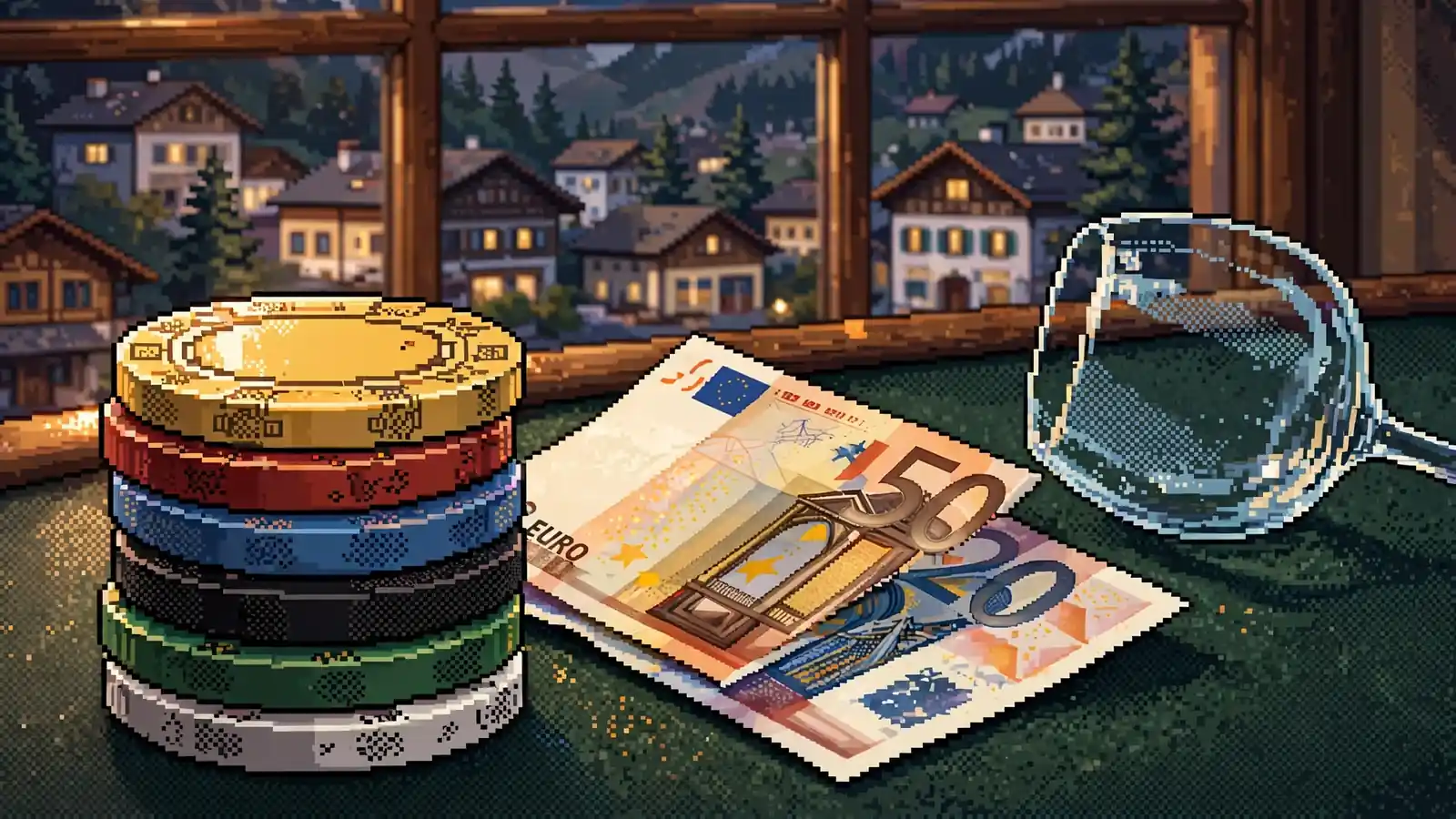 Casino-Chips und Euro-Scheine auf Filztisch in österreichischem Ambiente