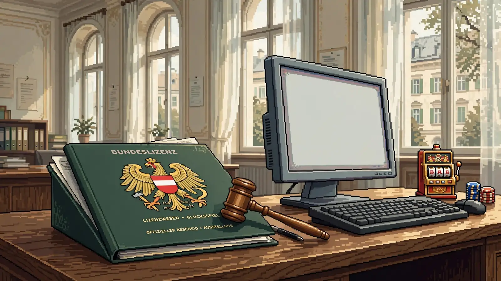 Konzession und offizielles Dokument mit österreichischem Bundesadler auf Schreibtisch in Wiener Büro