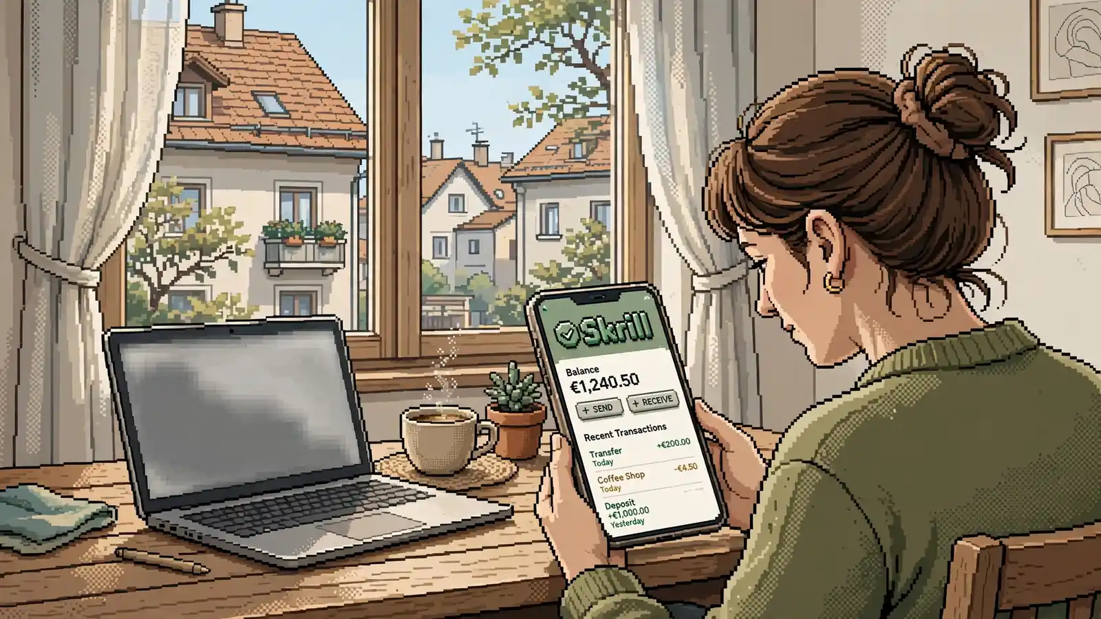 Person nutzt Skrill-E-Wallet auf Smartphone am Schreibtisch.