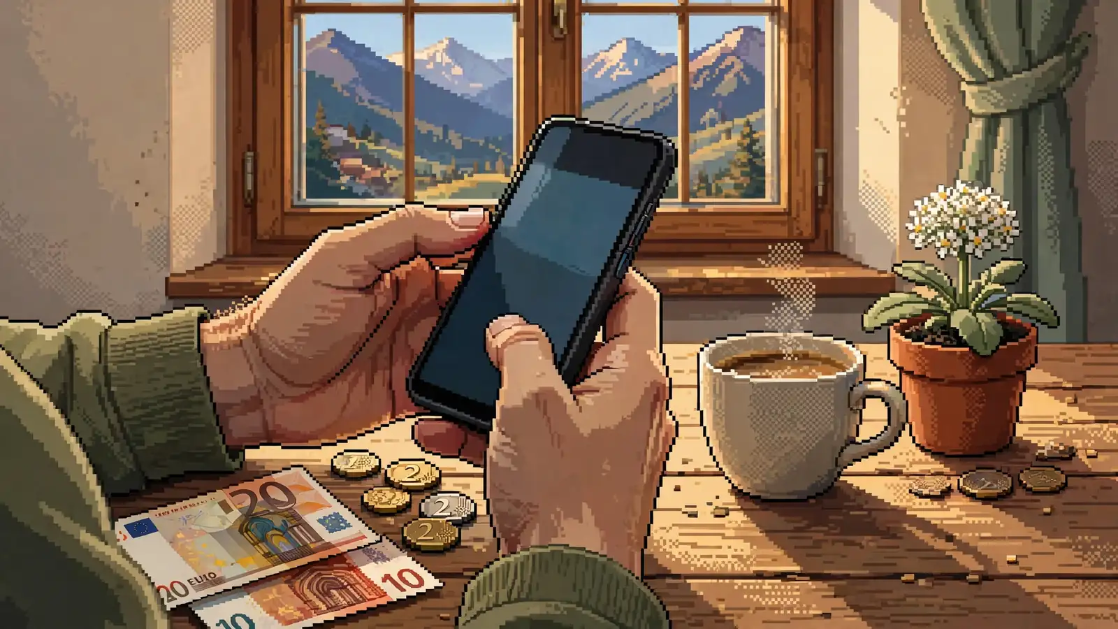 Hände halten ein Smartphone mit Geldscheinen auf einem Holztisch in einer sonnigen Wohnung