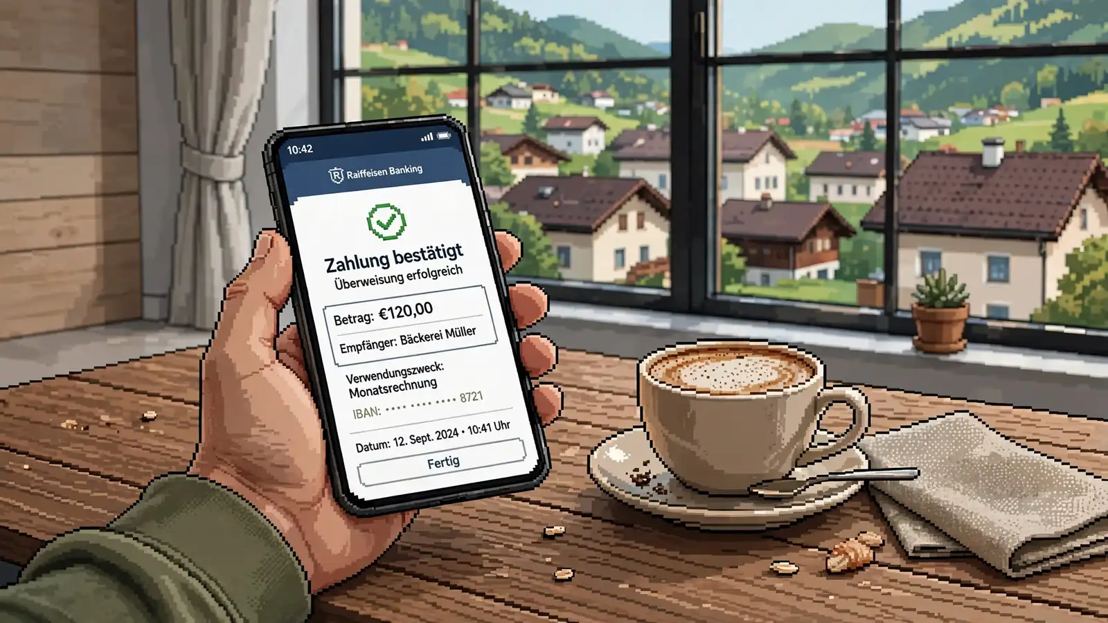 Smartphone mit Banking-App auf einem Tisch in einer modernen Wohnung mit Bergblick.