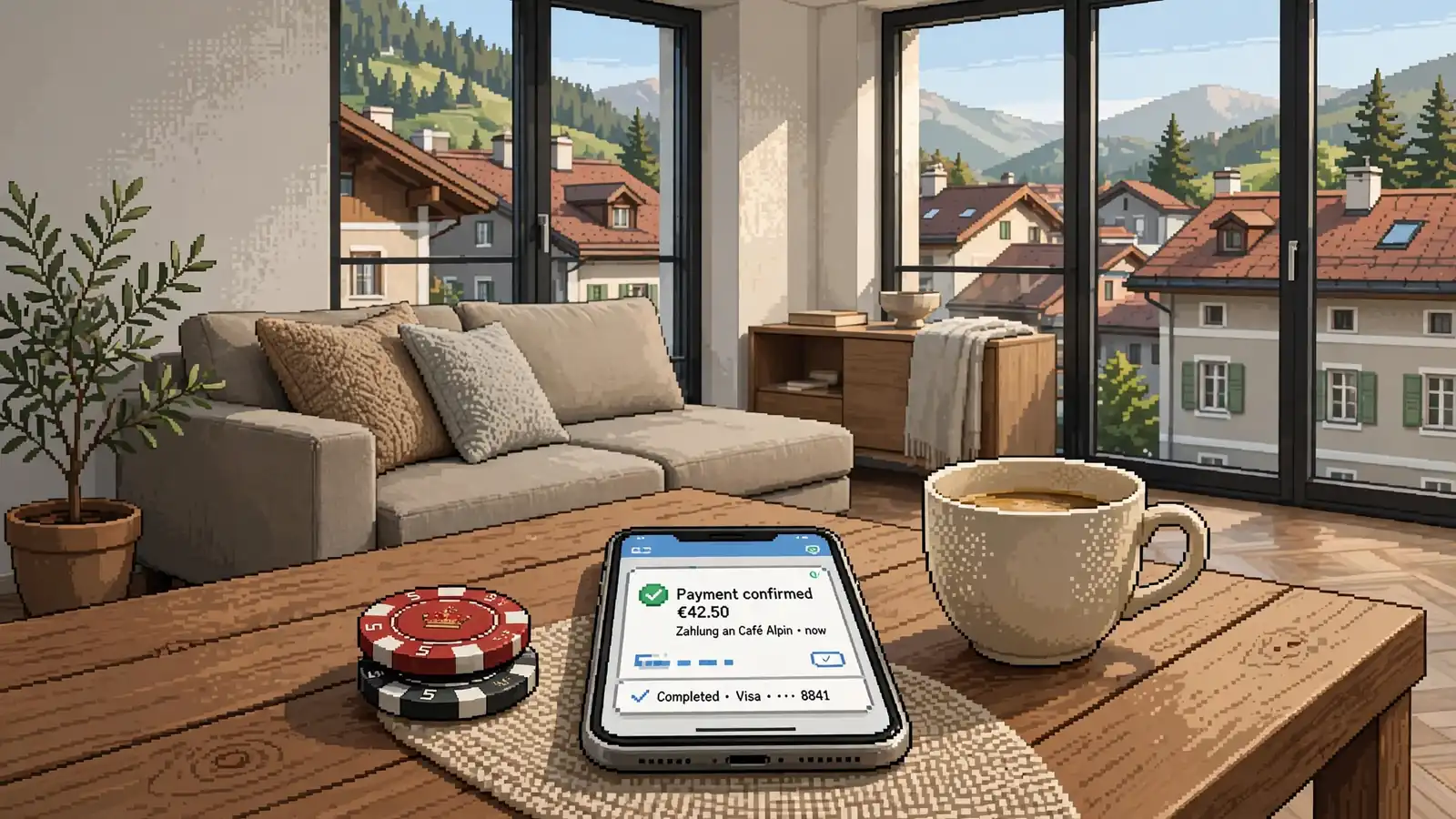 Smartphone mit Twint-Bestätigung auf Couchtisch in österreichischer Wohnung mit Alpenblick