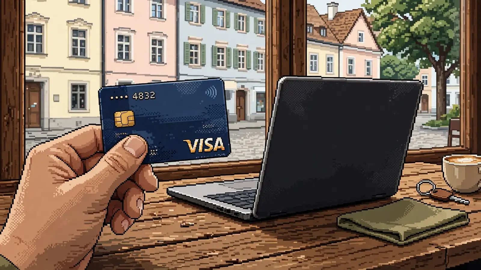 Hand mit Visa-Karte neben Laptop in einem Wiener Kaffeehaus.