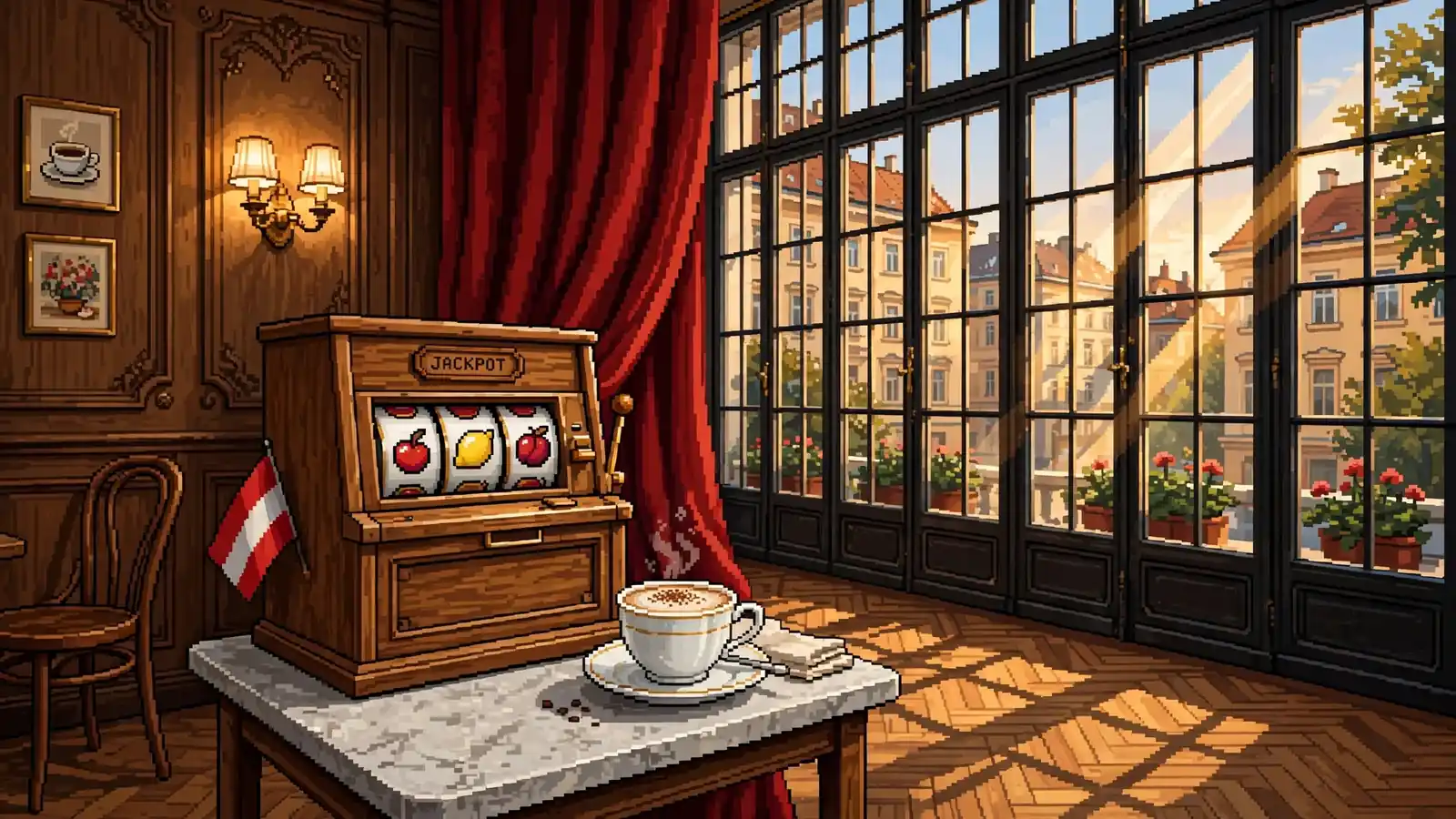 Wiener Kaffeehaus mit Spielautomat und Melange am Nachmittag