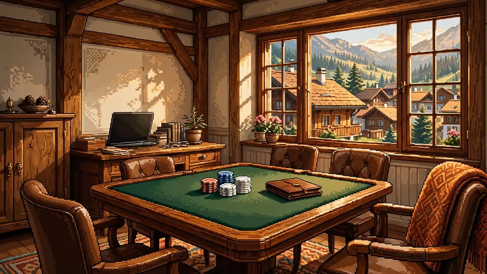 Alpiner Wohnraum mit Spieltisch und Casino-Chips in warmem Licht