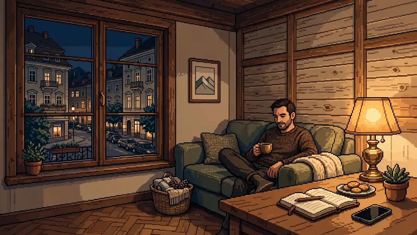 Gemütliches österreichisches Wohnzimmer am Abend mit entspannender Person und Smartphone auf dem Tisch.