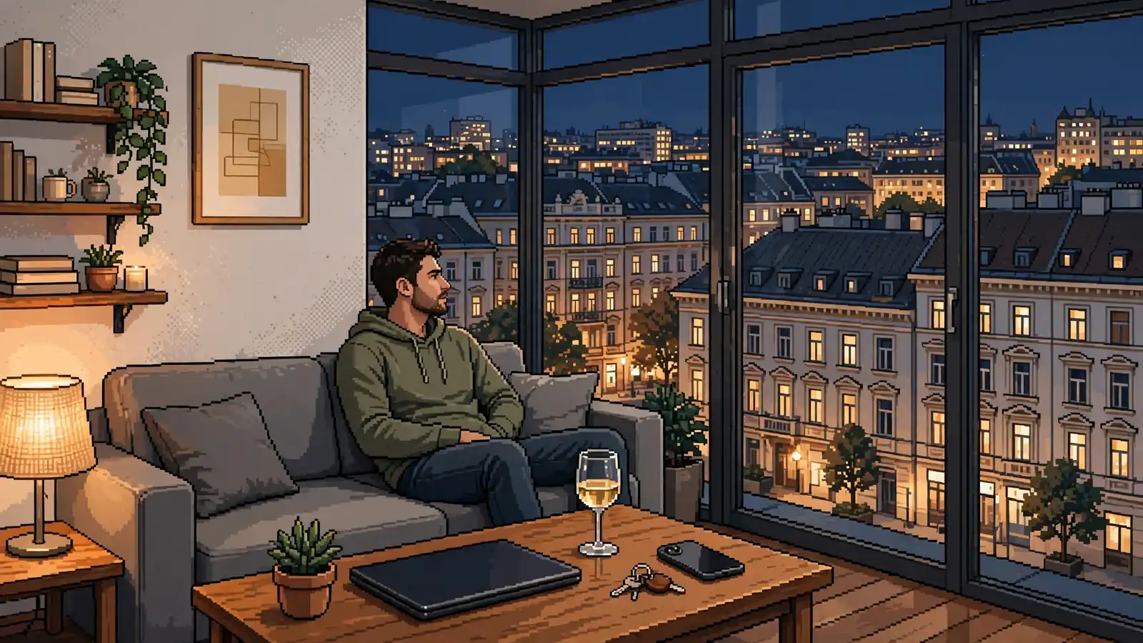 Junger Mann in Wiener Wohnung mit geschlossenem Laptop und österreichischem Wein