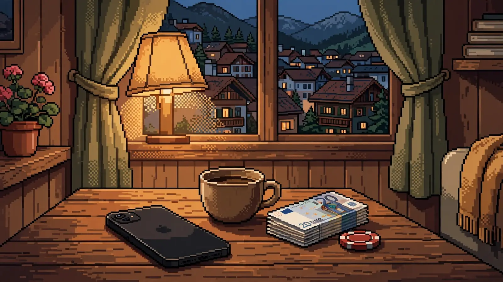Smartphone mit Geldbündel und Pokerchip auf einem Tisch in einer österreichischen Wohnung.