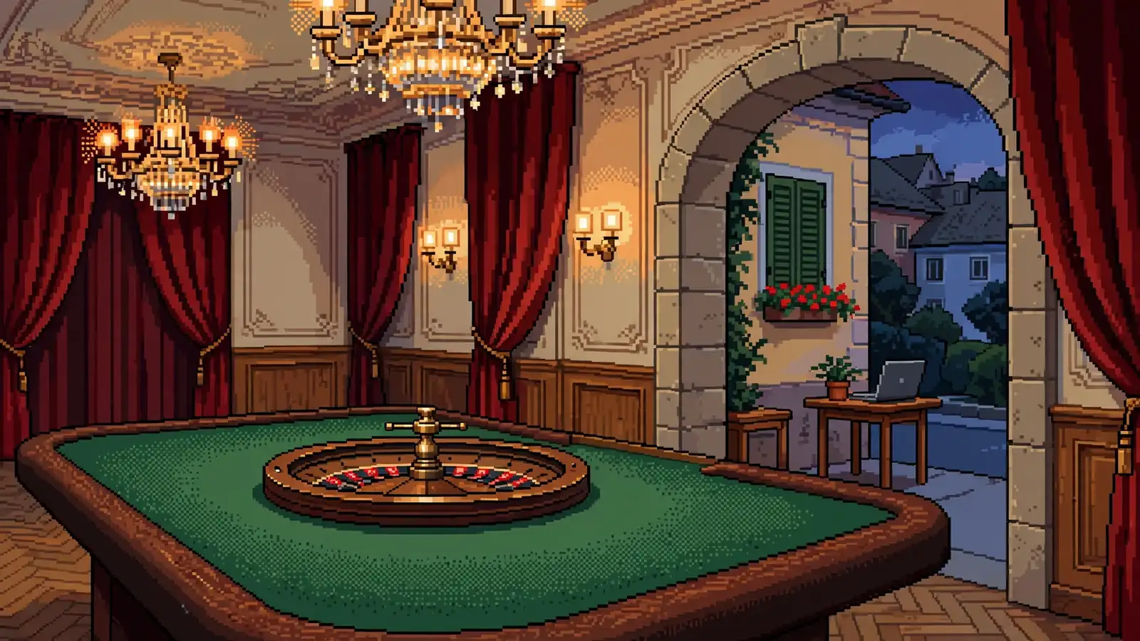 Österreichisches Casino-Interieur mit Roulette-Tisch und Laptop