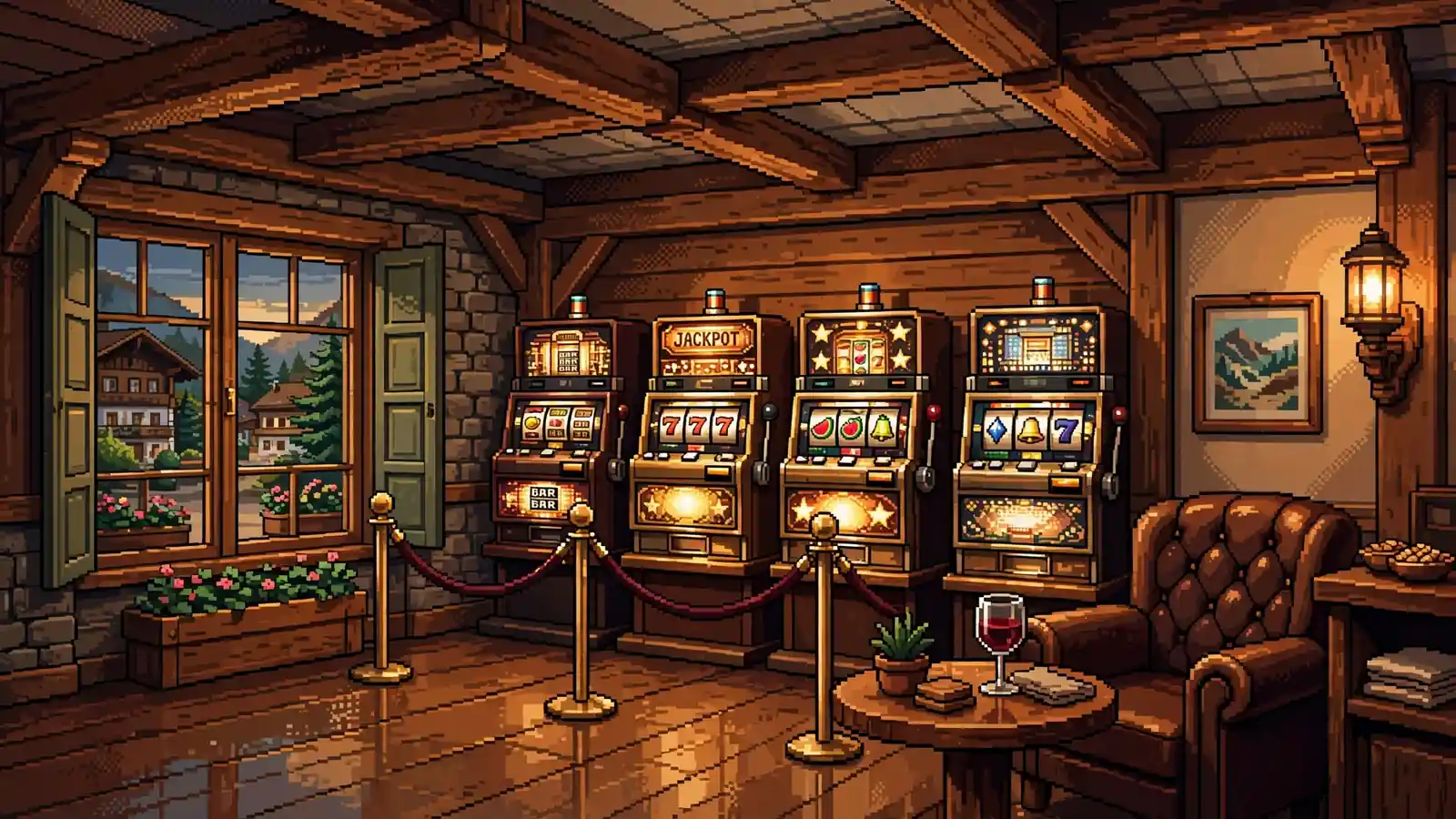 Gemütliche österreichische Spielhalle mit klassischen Spielautomaten und warmer Beleuchtung.