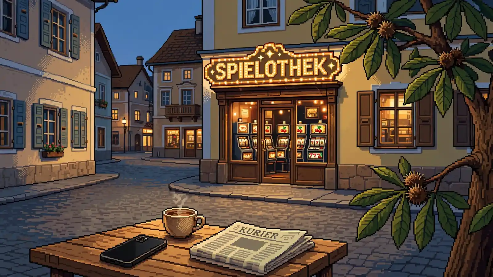 Abendliche Straße in einer österreichischen Kleinstadt mit beleuchtetem Spielothek-Eingang und Smartphone auf einem Cafétisch