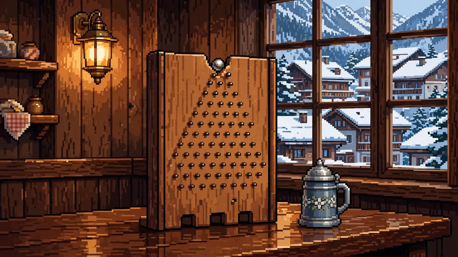 Holziges Plinko-Brett in einem gemütlichen österreichischen Gastraum mit alpiner Aussicht