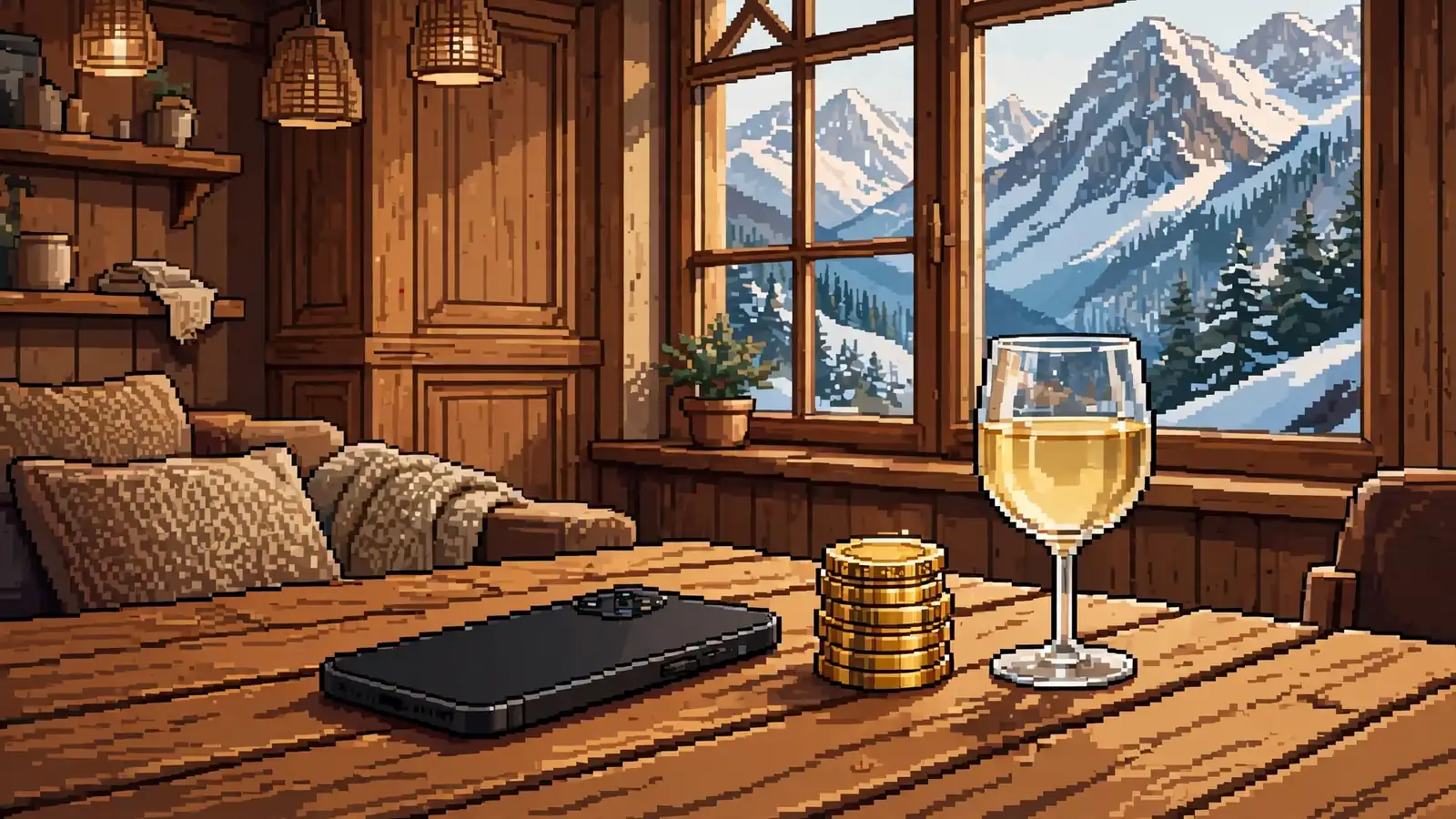 Smartphone mit Casino-Chips auf einem Holztisch in einem gemütlichen österreichischen Spielzimmer mit Bergblick.