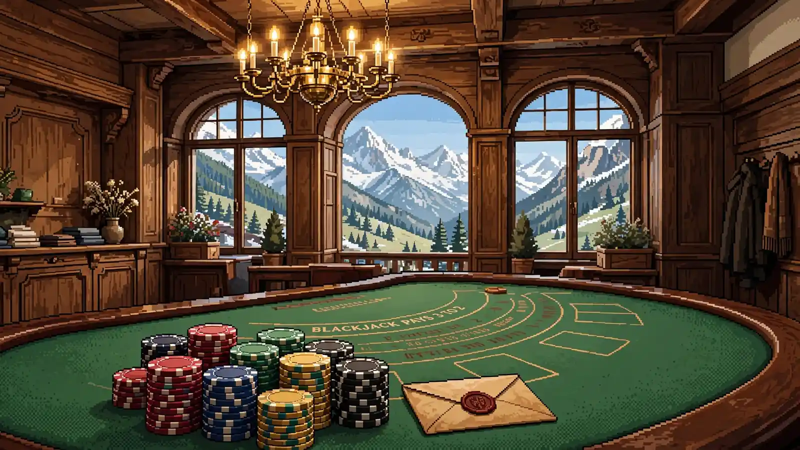 Gedeckter Blackjack-Tisch mit gestapelten Chips und Umschlag in österreichischem Casino-Saal, Alpenblick im Hintergrund.