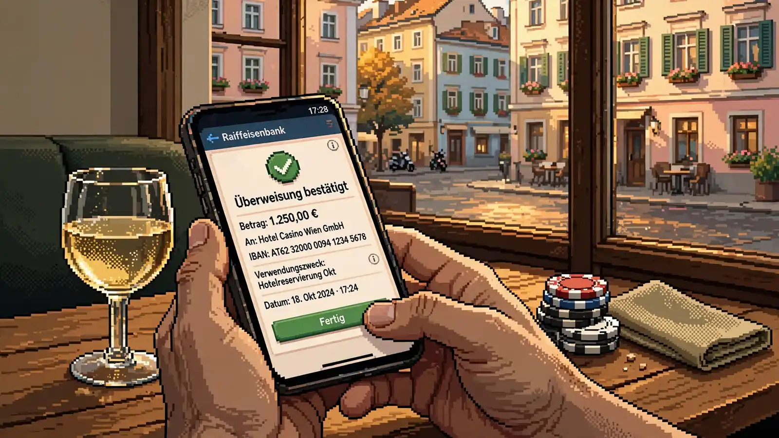 Smartphone mit Auszahlungsbestätigung auf Wiener Cafétisch