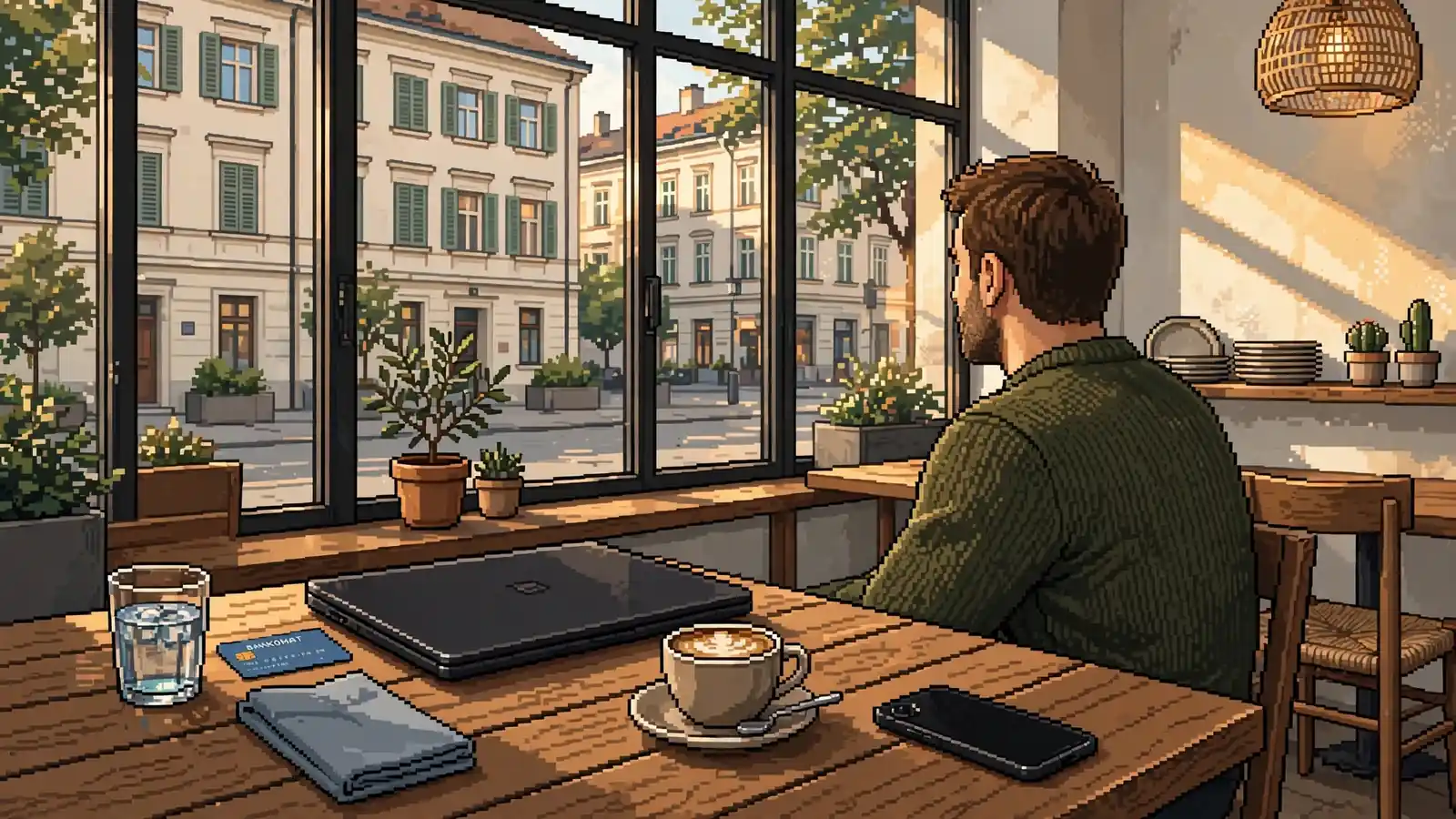 Modernes Wiener Café mit Laptop, Smartphone und Kaffeetasse